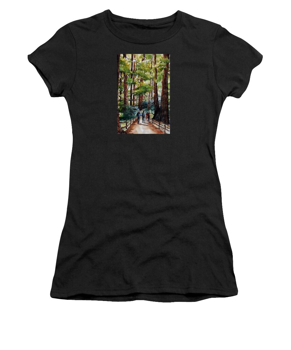 Trees Women's T-Shirt featuring the painting Muir woods by Aparna Pottabathni