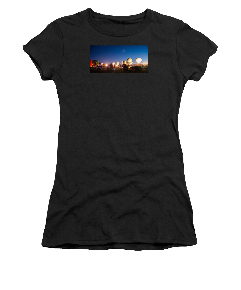 Multiple Hot Air Balloons Women's T-Shirt featuring the photograph Multiple Hot air Balloons night glow by Charles McCleanon