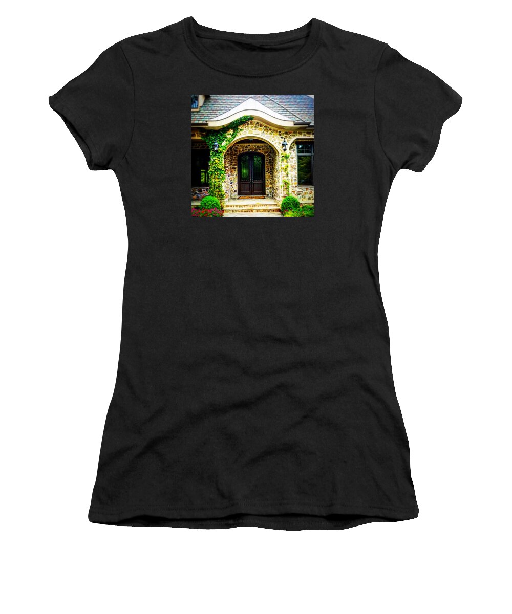#like #love #door #frontdoor #green #leaves #flowers #stone #lakenorman #northcarolina #stone #colorful #whimsical Women's T-Shirt featuring the photograph Front Door by Sharon Halteman