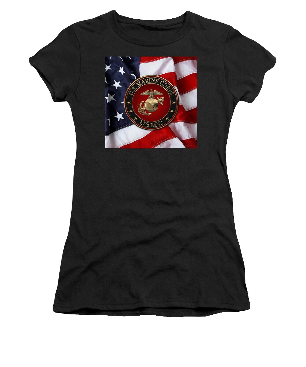 'usmc' Collection By Serge Averbukh Women's T-Shirt featuring the digital art N C O and Enlisted E G A Special Edition over U. S. Flag by Serge Averbukh