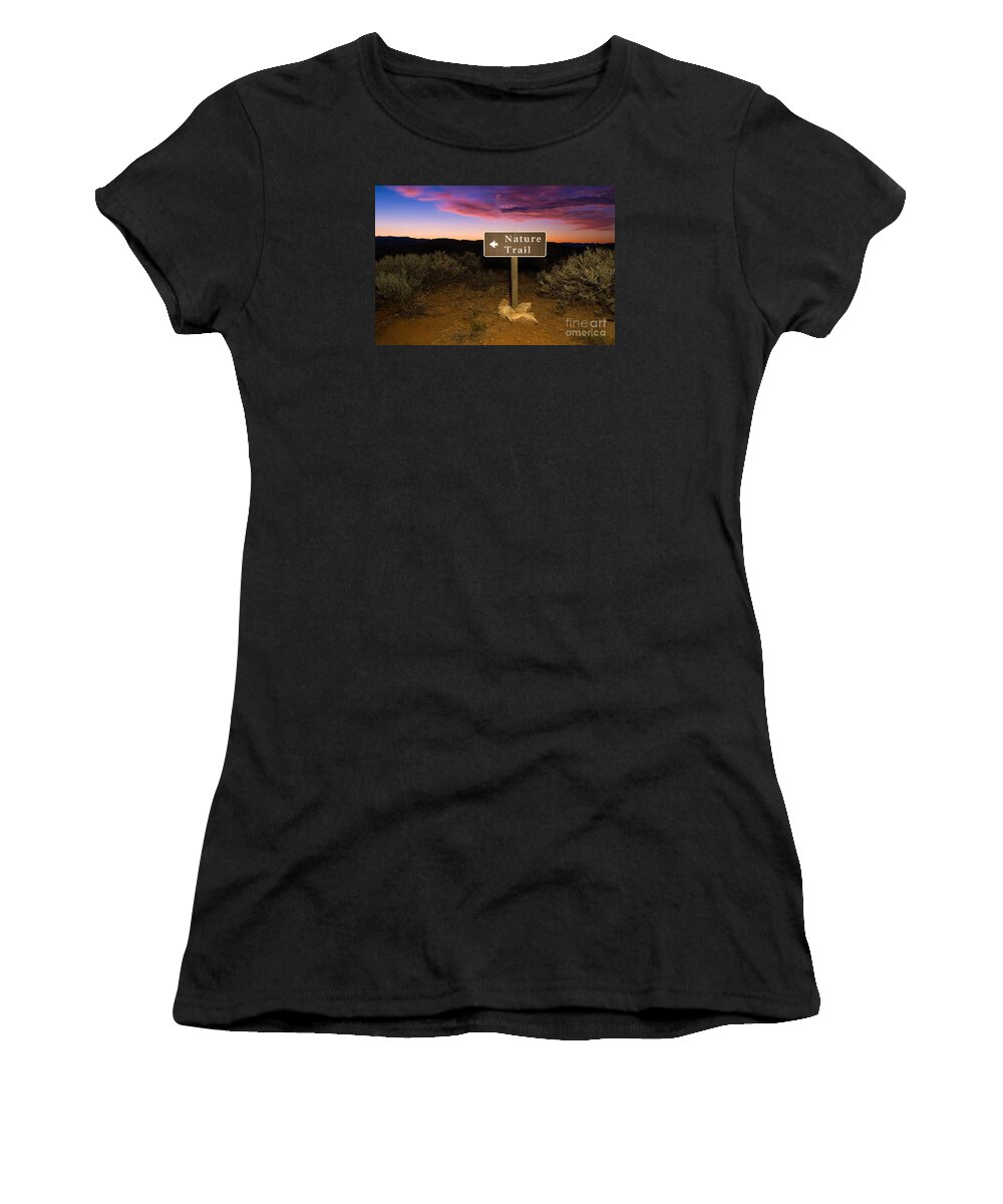 Dramatic Sky Women's T-Shirt featuring the photograph Nature Trail Sign at Sunrise by Bryan Mullennix