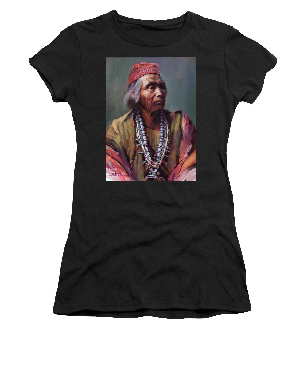 Navajo Women's T-Shirt featuring the painting Nesjaja Hatali Medicine Man of the Navajo People by Steve Henderson