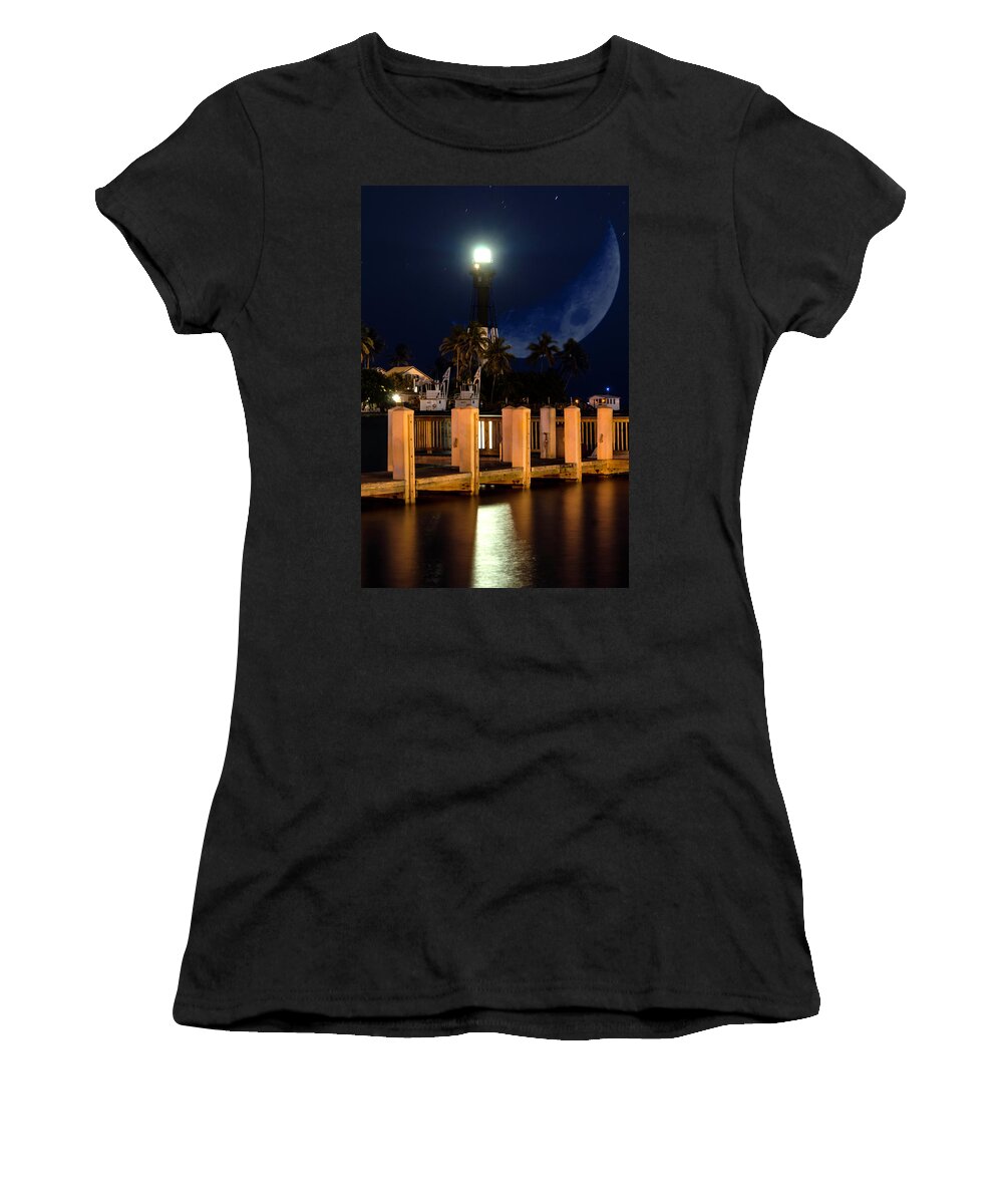 New Moon Women's T-Shirt featuring the photograph New Moon At Hillsboro Inlet Lighthouse by Wolfgang Stocker