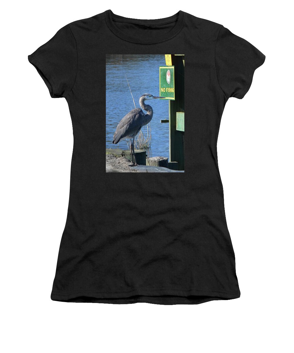 Great Blue Heron Women's T-Shirt featuring the photograph No Fishing by Jerry Griffin