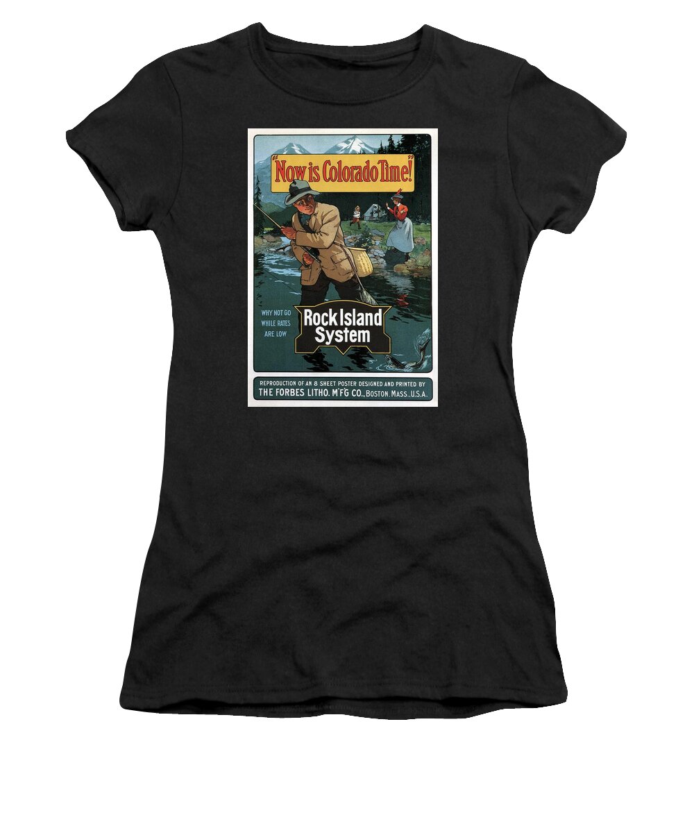 Now Is Colorado Time Women's T-Shirt featuring the mixed media Now Is Colorado Time - Rock Island System - Retro travel Poster - Vintage Poster by Studio Grafiikka