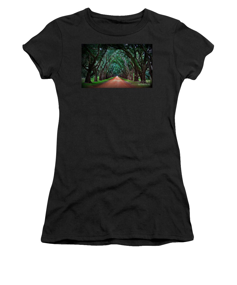 Oak Alley Women's T-Shirt featuring the photograph Oak Alley Road by Perry Webster