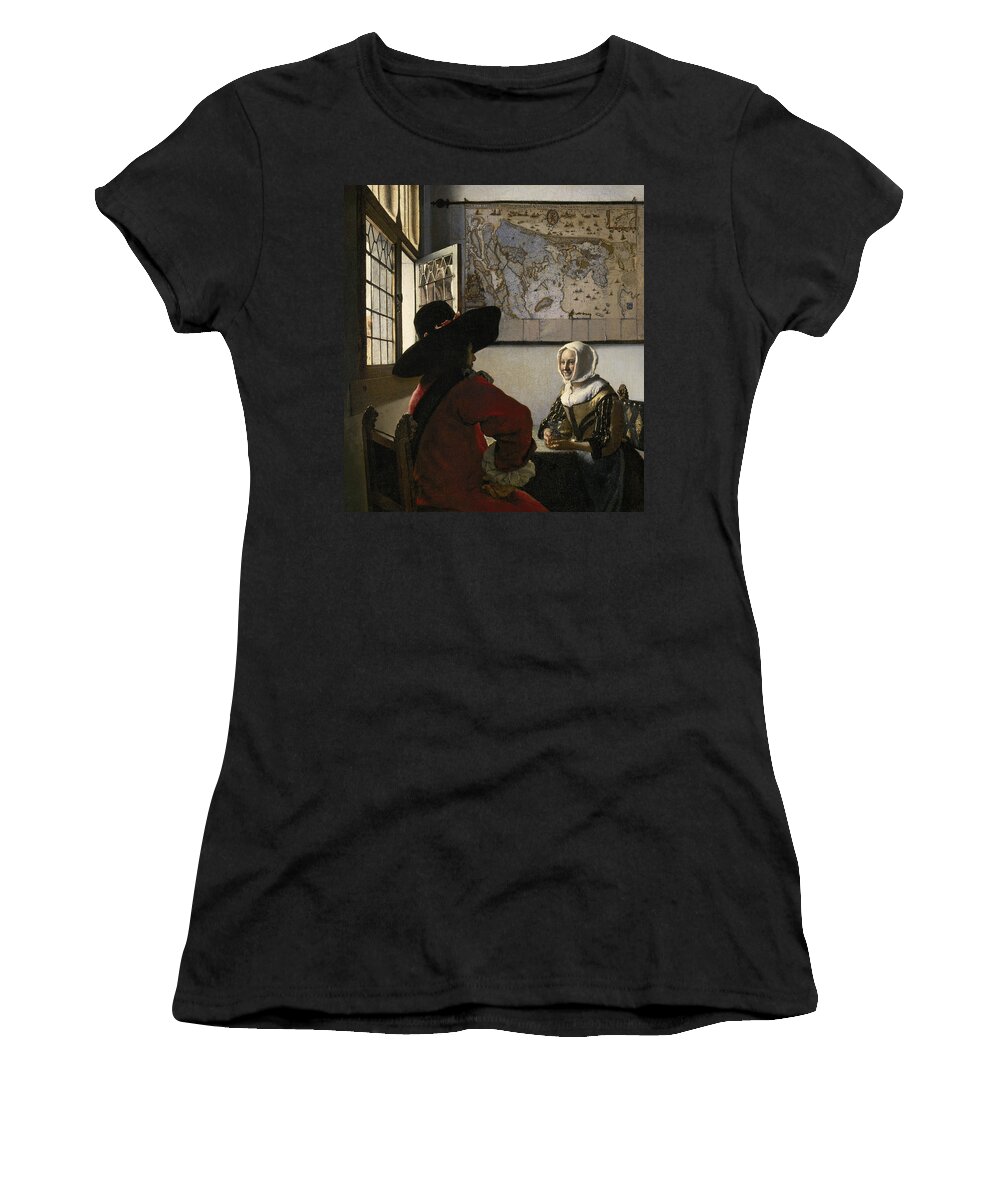Jan Vermeer Women's T-Shirt featuring the painting Officer and Laughing Girl by Jan Vermeer