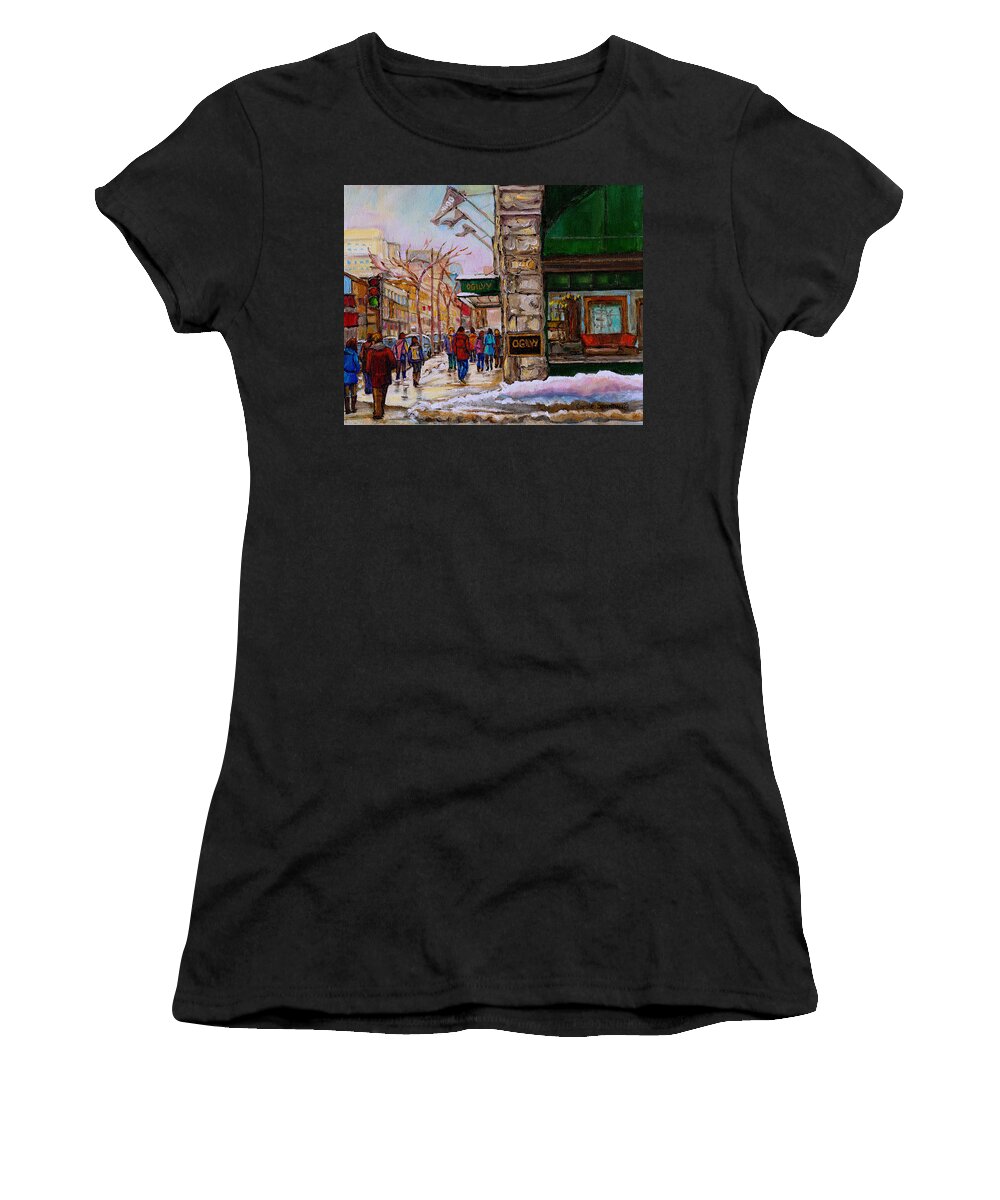 Montreal Women's T-Shirt featuring the painting Ogilvy's Department Store Rue St. Catherine Downtown Montreal City Street Scene by Carole Spandau
