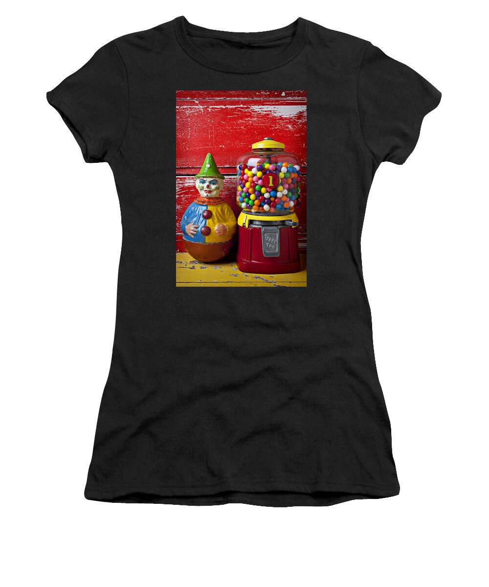 Old Clown Toy Women's T-Shirt featuring the photograph Old clown toy and gum machine by Garry Gay