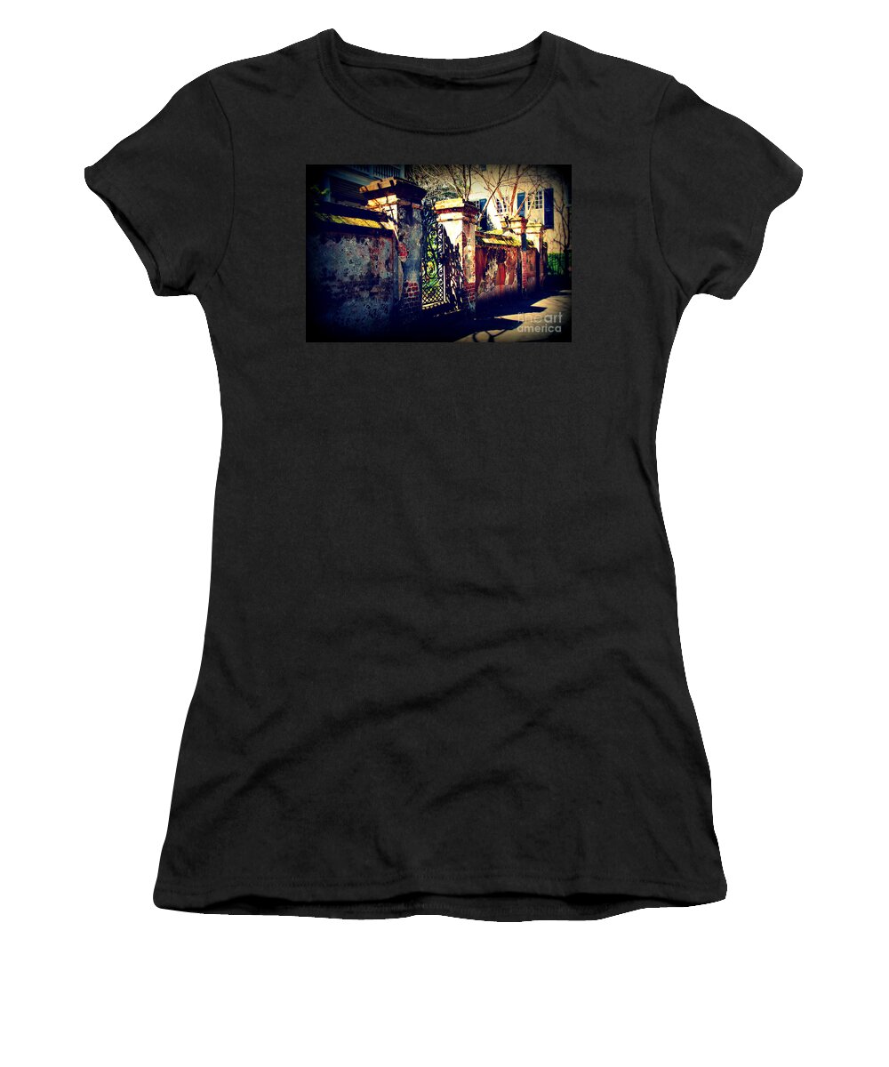 Gate Women's T-Shirt featuring the photograph Old Iron Gate in Charleston SC by Susanne Van Hulst