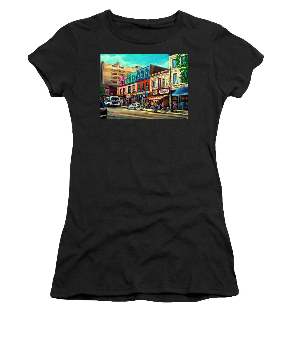 Old Montreal Schwartzs Deli Plateau Montreal City Scenes Women's T-Shirt featuring the painting Old Montreal Schwartzs Deli Plateau Montreal City Scenes by Carole Spandau