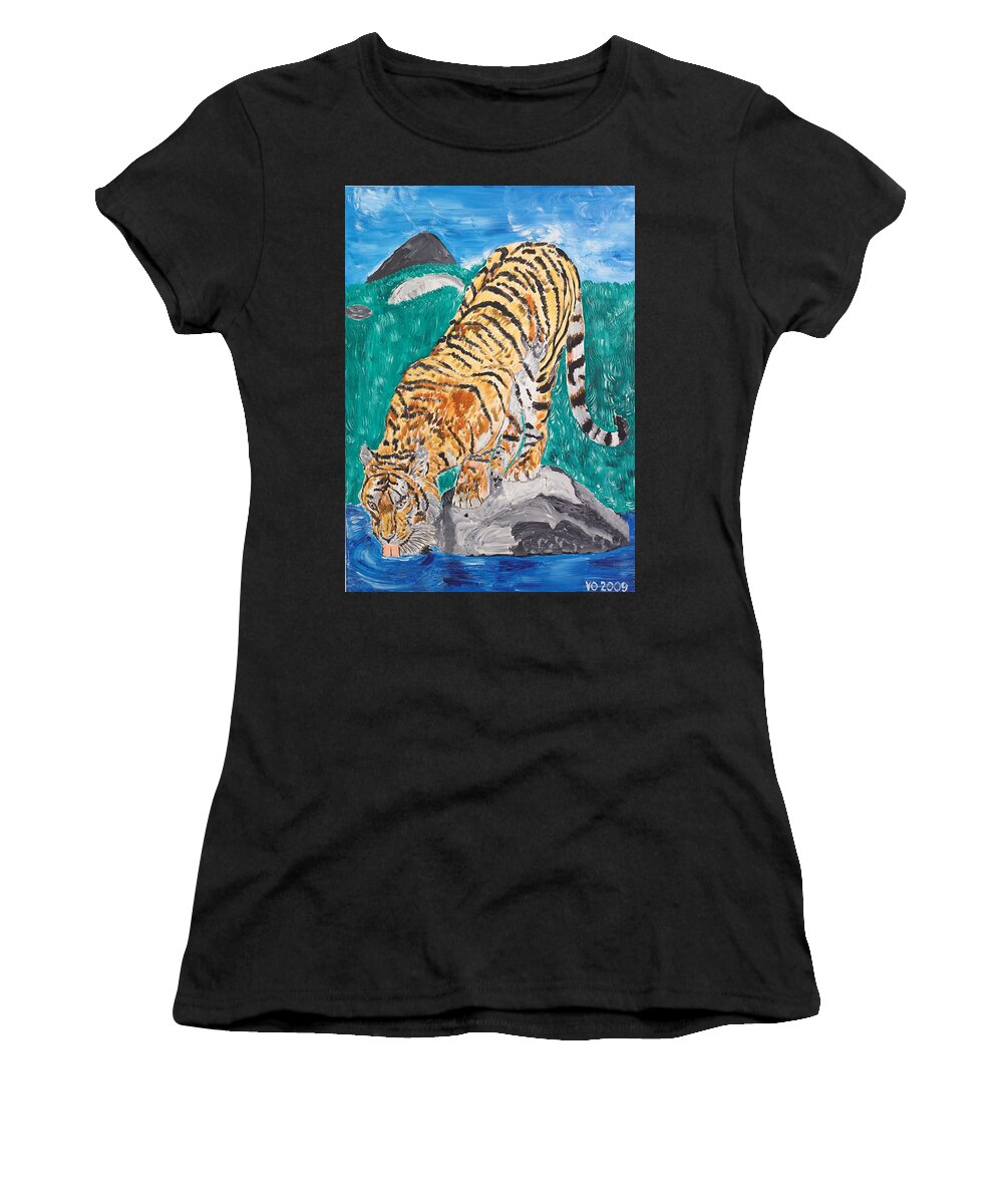 Cat Women's T-Shirt featuring the painting Old Tiger Drinking by Valerie Ornstein