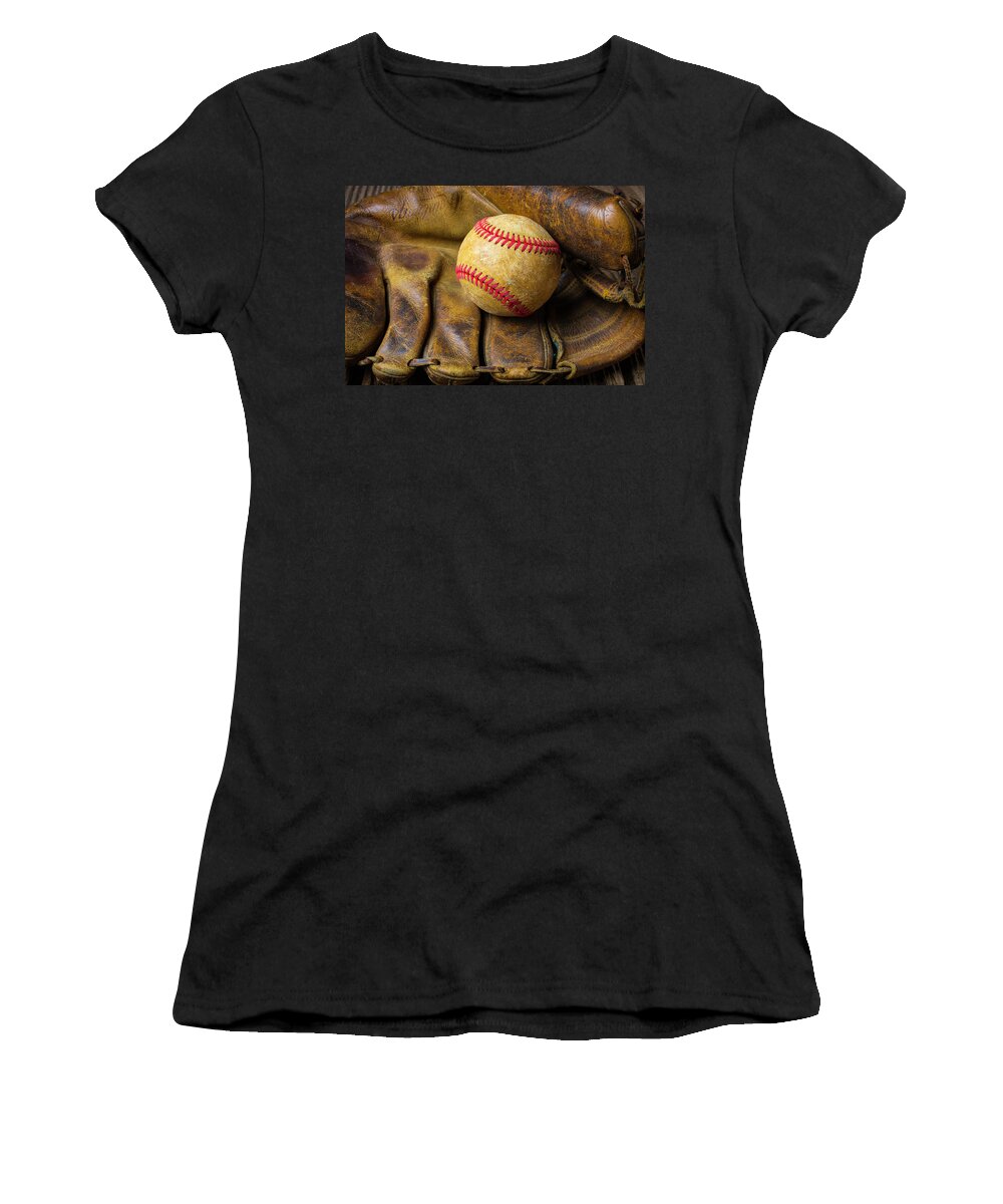 Mitts Women's T-Shirt featuring the photograph Old Worn Ball Mitt by Garry Gay
