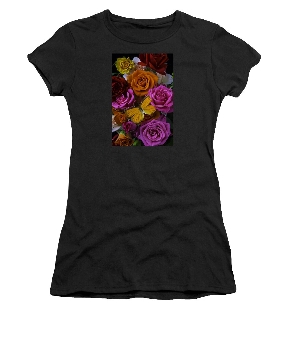 Rose Women's T-Shirt featuring the photograph Orange Butterfly In Roses by Garry Gay