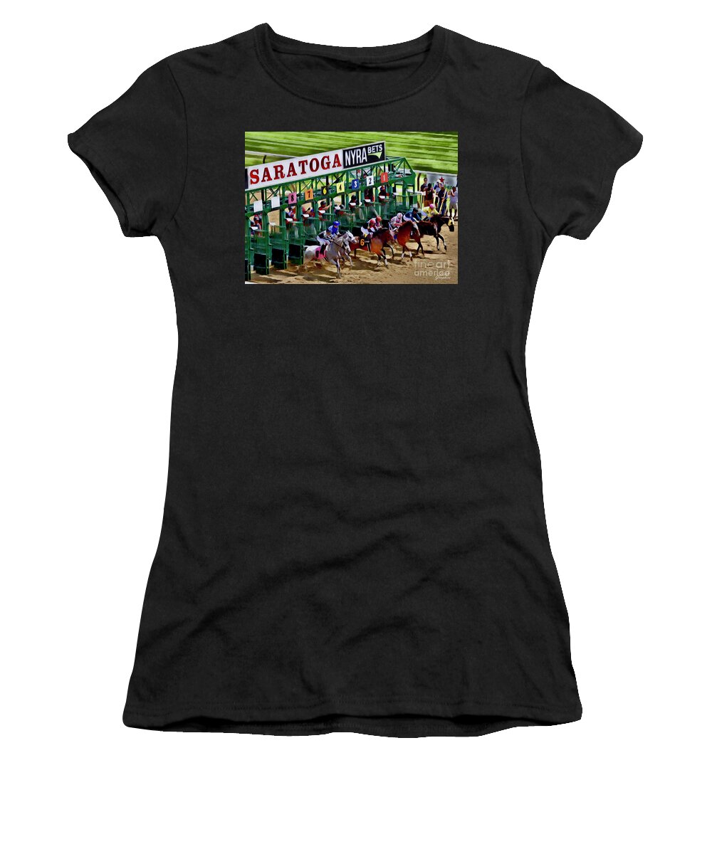 Saratoga Women's T-Shirt featuring the digital art Out Of The Gate Saratoga by CAC Graphics