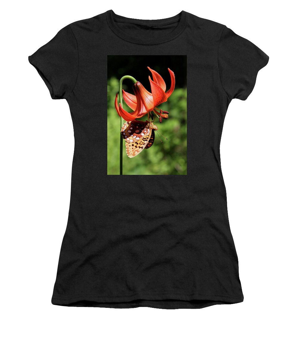 Flower Women's T-Shirt featuring the photograph Painted Lady on Lily by Sarah Lilja