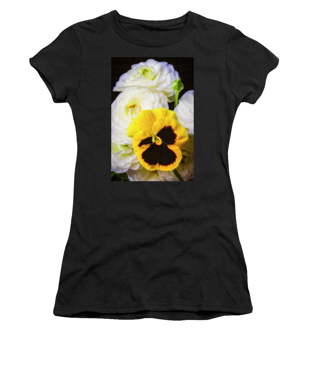 White Ranunculus Women's T-Shirt featuring the photograph Pansy And Ranunculus by Garry Gay