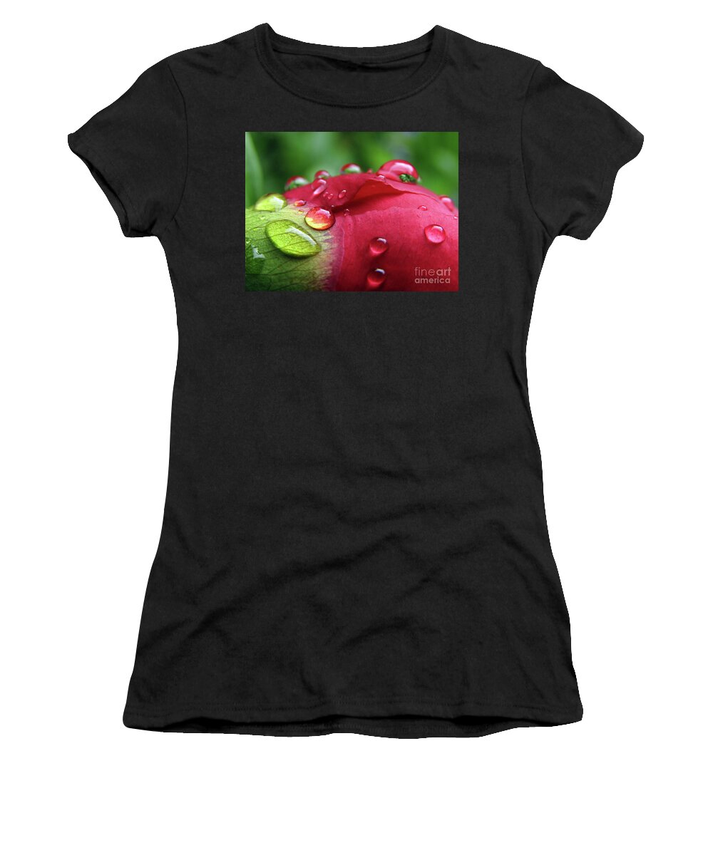 Peony Women's T-Shirt featuring the photograph Peony Drops 2 by Kim Tran