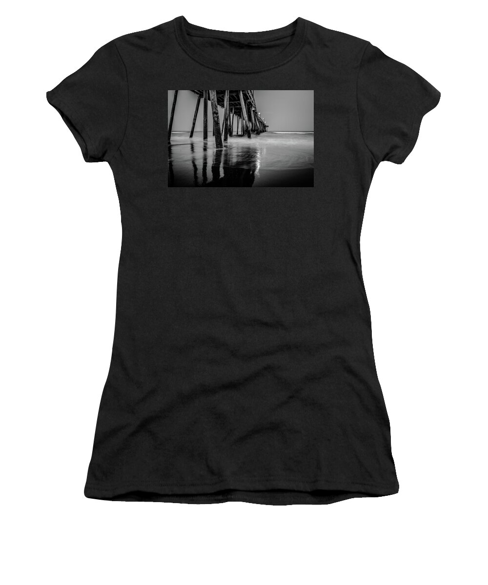 Black And White Women's T-Shirt featuring the photograph Pier Reflections by Larkin's Balcony Photography
