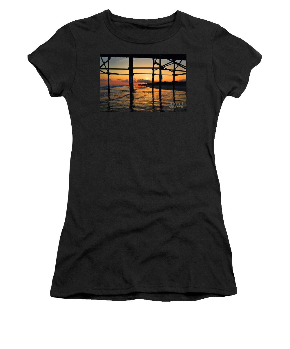 Sunset Women's T-Shirt featuring the photograph Oak Island Pier Sunset by Amy Lucid