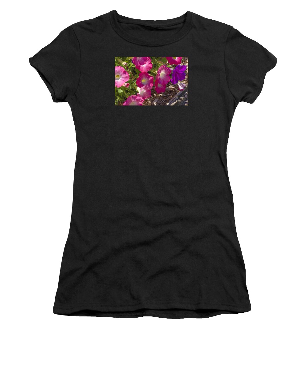 Petunias Women's T-Shirt featuring the photograph Pink and Purple Petunias by Lynn Hansen