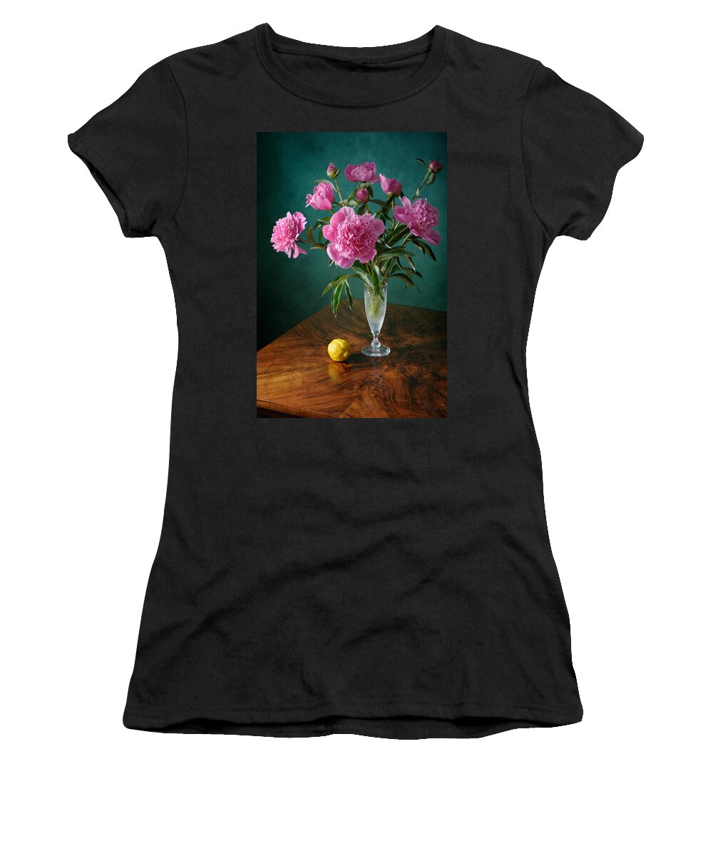 Classic Women's T-Shirt featuring the photograph Pink Peonies and Lemon by Nikolay Panov