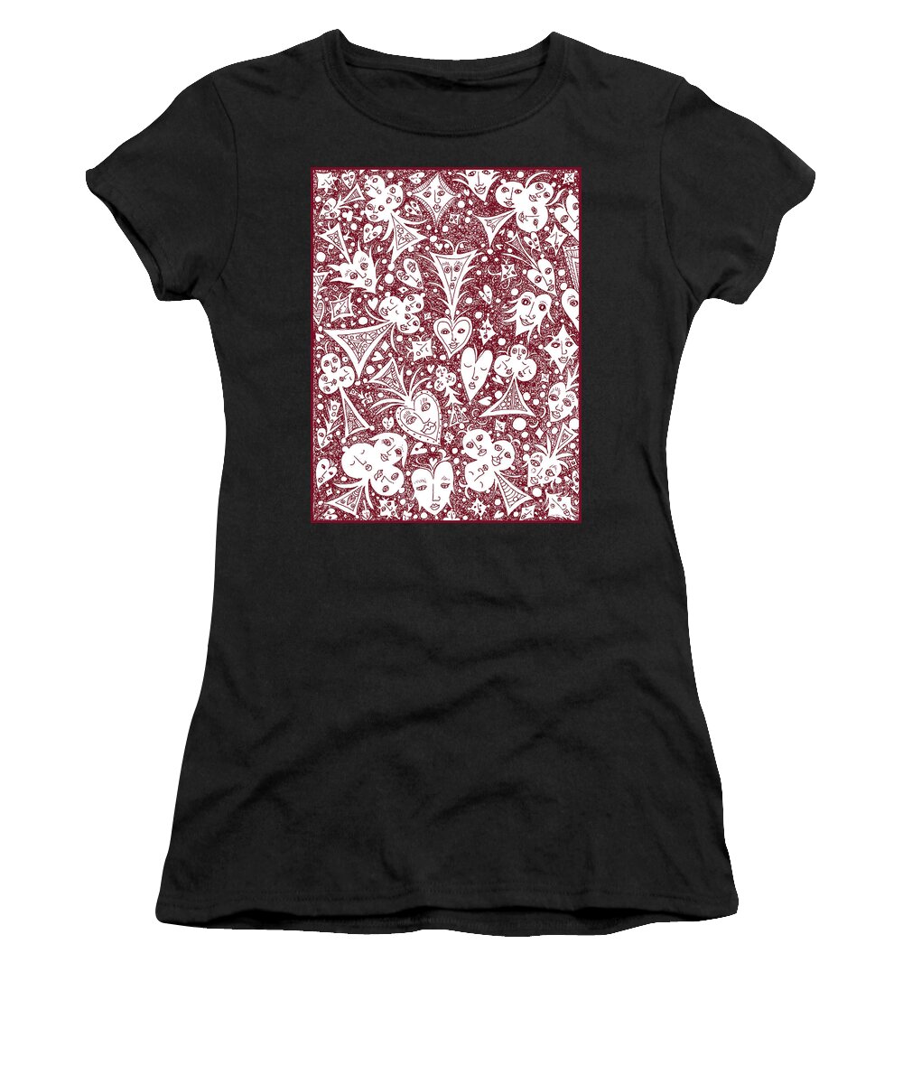 Lise Winne Women's T-Shirt featuring the drawing Playing Card Symbols with Faces in Red by Lise Winne