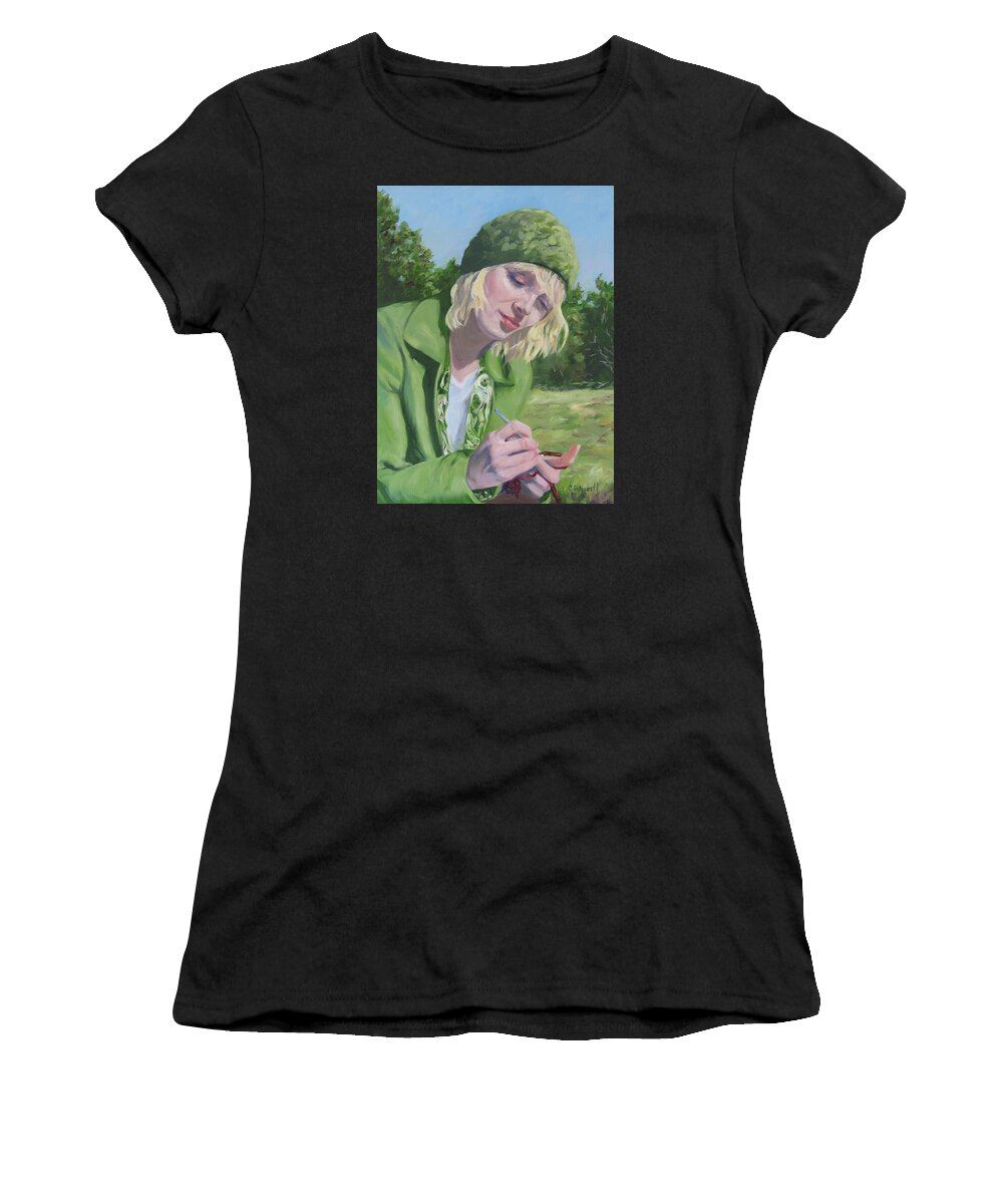Figurative Women's T-Shirt featuring the painting Plein Air Crocheting by Connie Schaertl