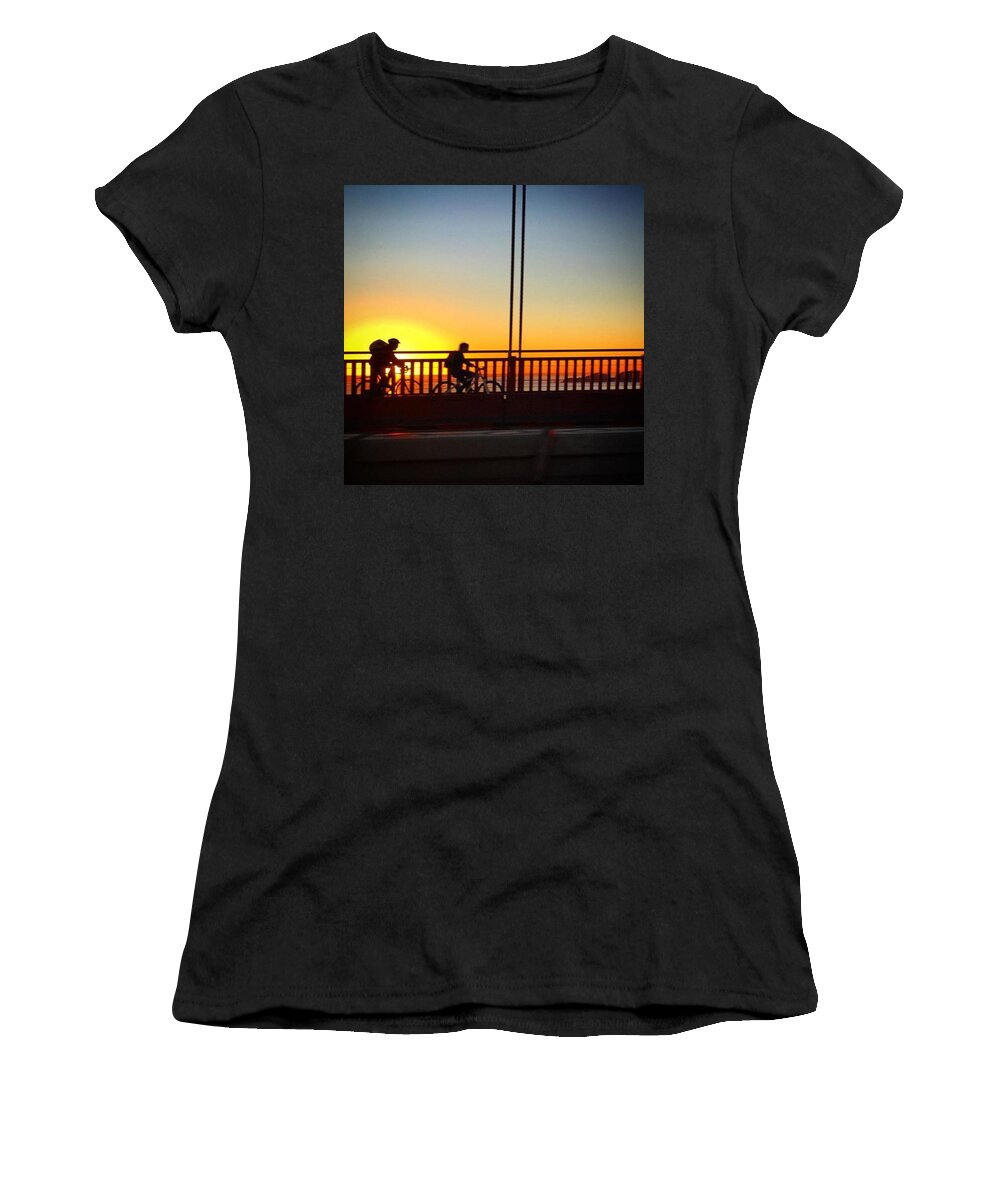 Profile Women's T-Shirt featuring the photograph Two cyclists at sunset by Eugene Evon