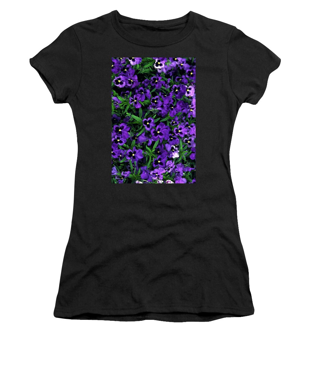 Violas Women's T-Shirt featuring the photograph Purple Viola Flowers by Sally Weigand