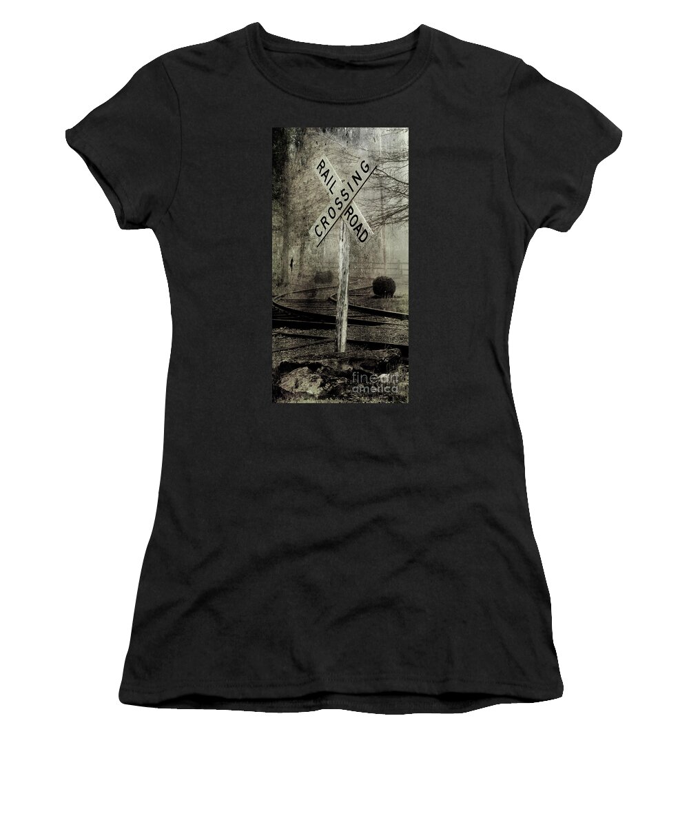 Old Railroad Sign Women's T-Shirt featuring the photograph Railroad Crossing by Michael Eingle