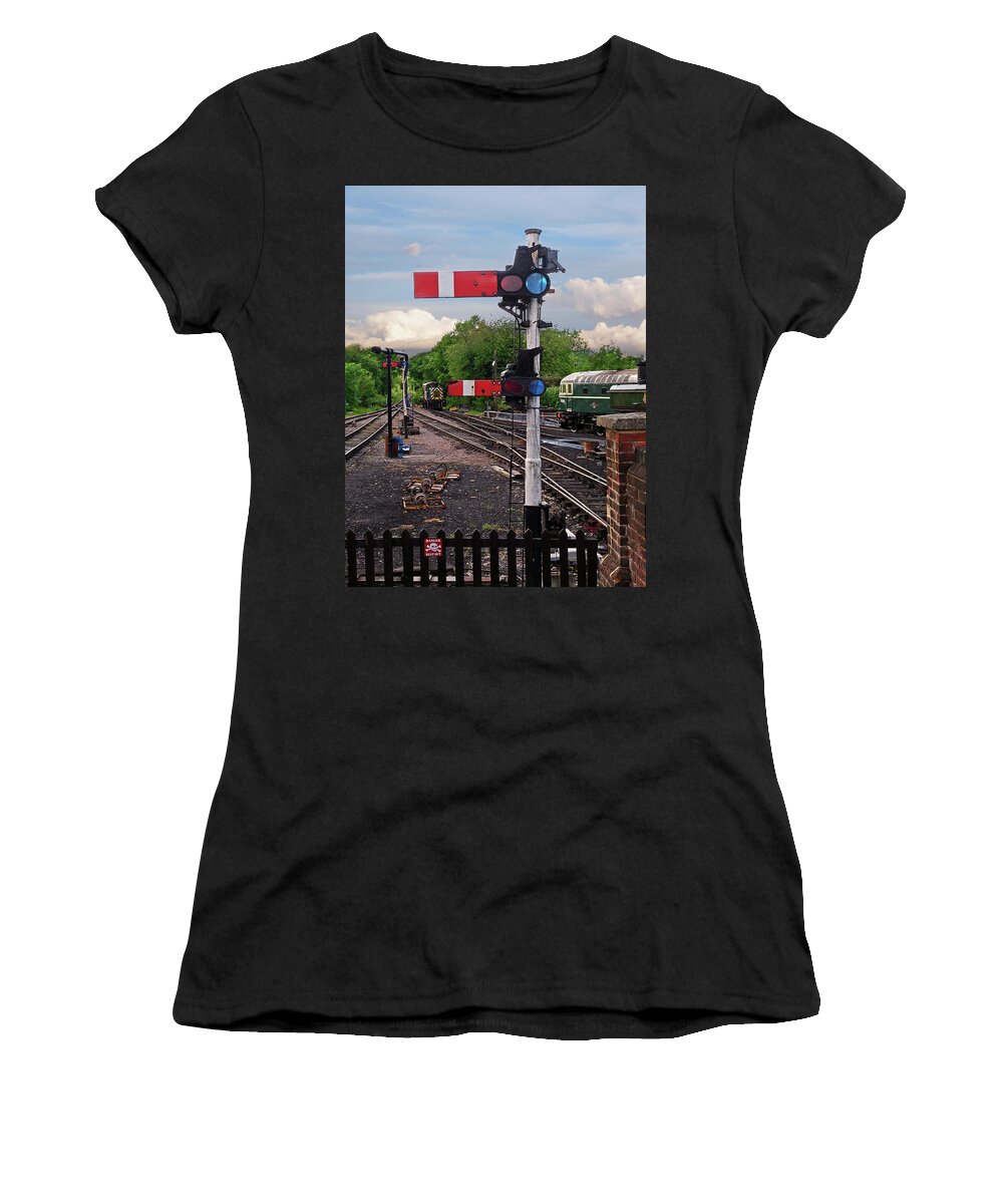 Railroad Tracks Women's T-Shirt featuring the photograph Railway Signals by Gill Billington