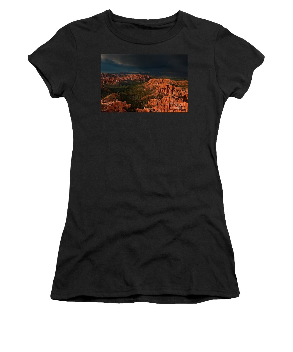 North America Women's T-Shirt featuring the photograph Rainbow And Thunderstorm Bryce Canyon National Park Utah by Dave Welling