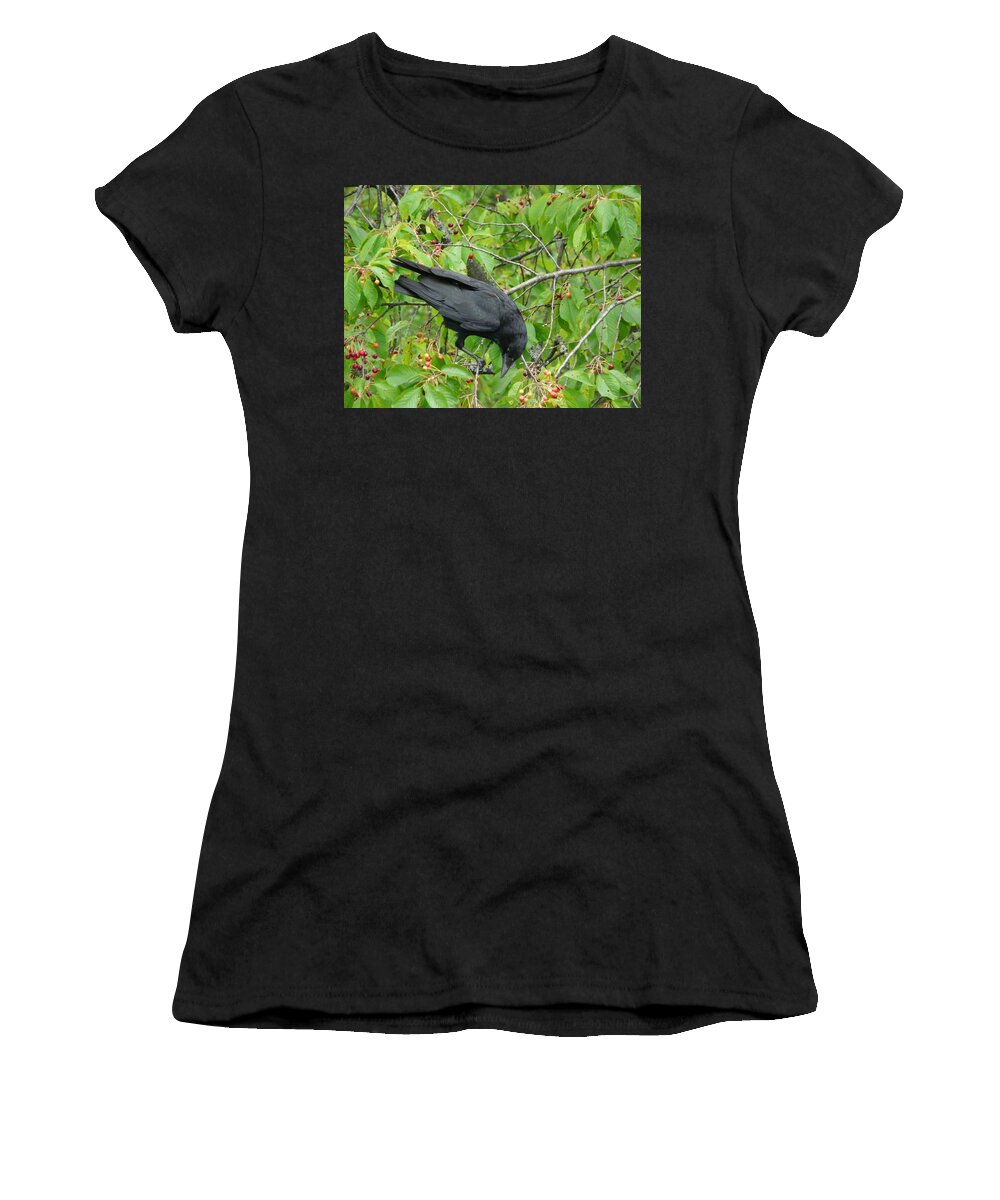 Bird Women's T-Shirt featuring the photograph Raven in the Cherry Tree by Valerie Ornstein