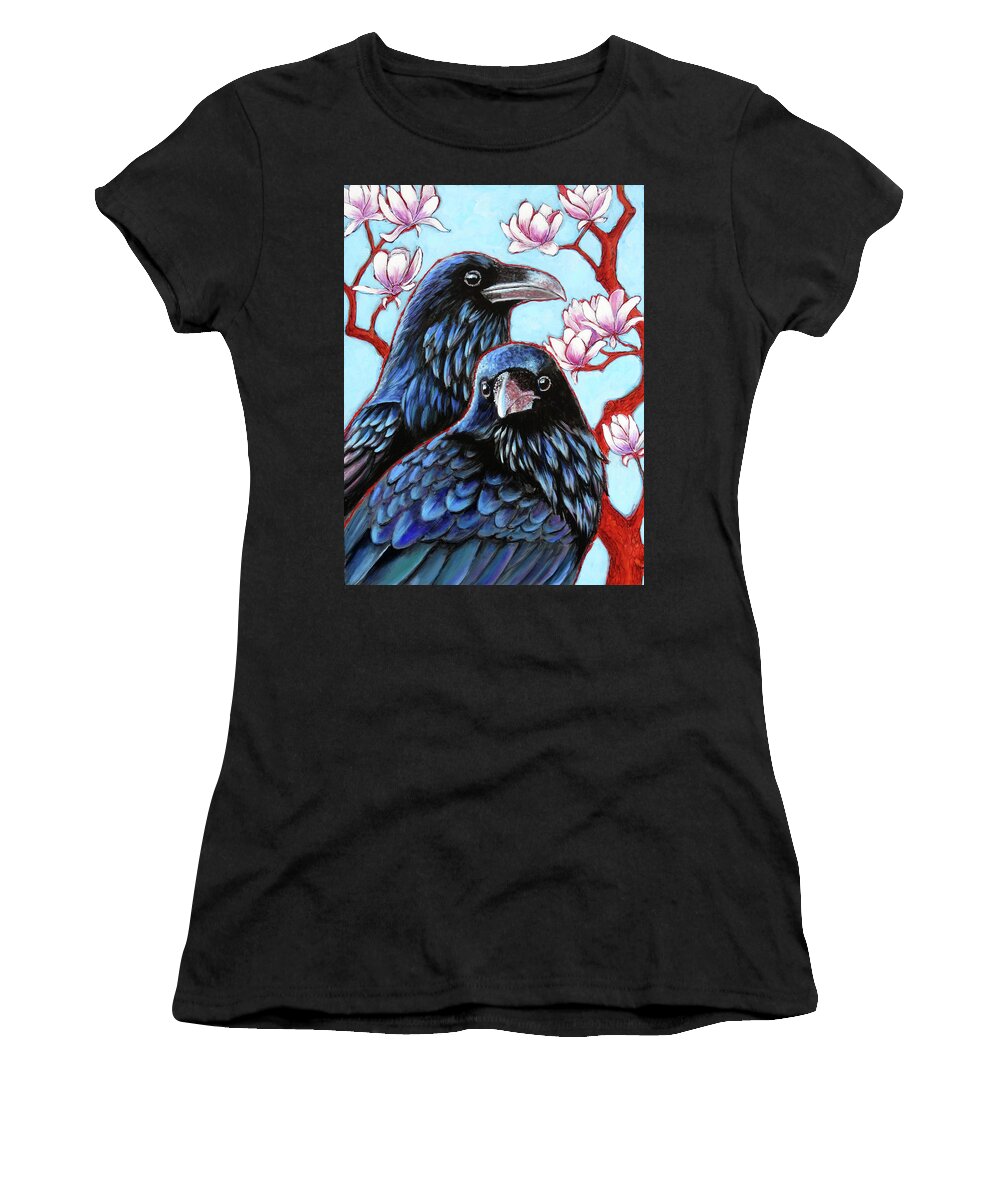 Ravens Women's T-Shirt featuring the painting Ravens and Magnolias by Ande Hall