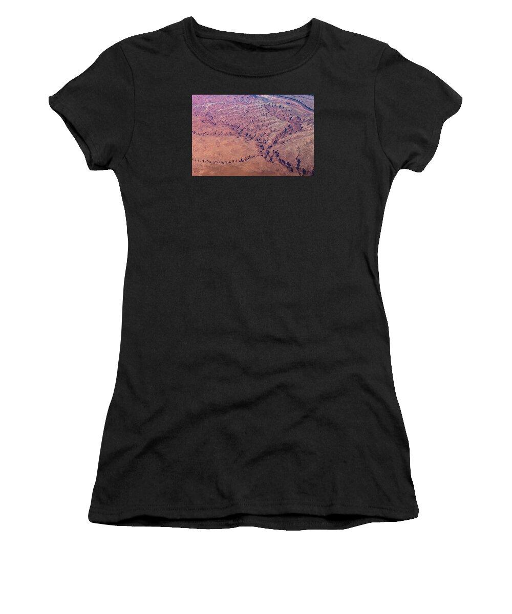 Georgia Mizuleva Women's T-Shirt featuring the photograph Red Earth - Flying Over Meandering Canyons Rverbeds and Mesas by Georgia Mizuleva