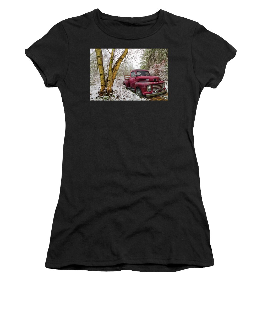 Truck Women's T-Shirt featuring the photograph Red Ford Truck in the Snow by Debra and Dave Vanderlaan