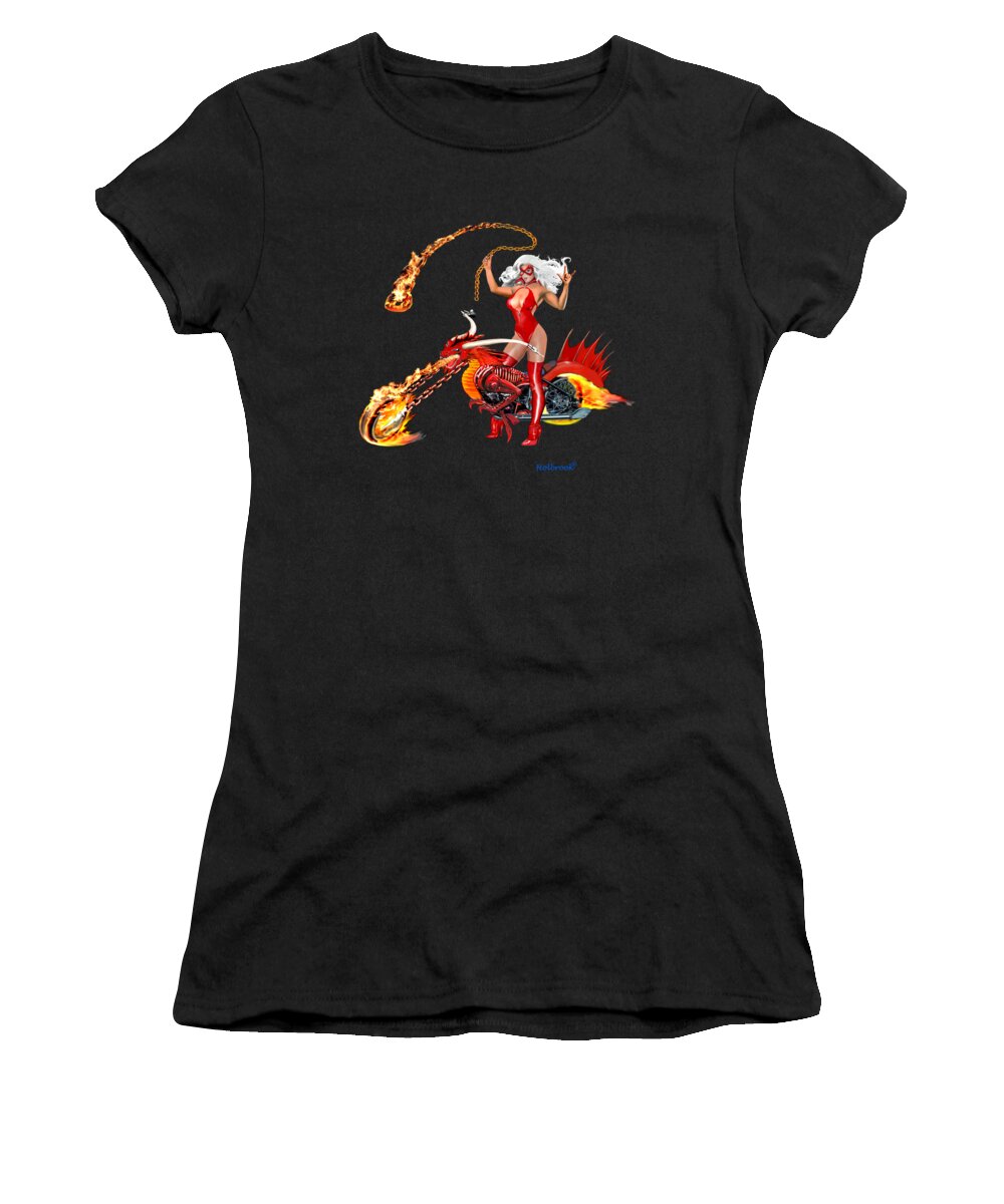 Biker Babe Women's T-Shirt featuring the digital art Red Hot Dragon Biker Babe by Glenn Holbrook