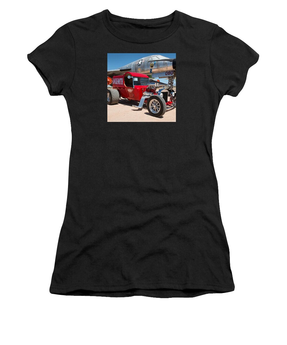 Arizona Women's T-Shirt featuring the photograph Red Hot Rod Next To Vintage Airplane by Michael Moriarty