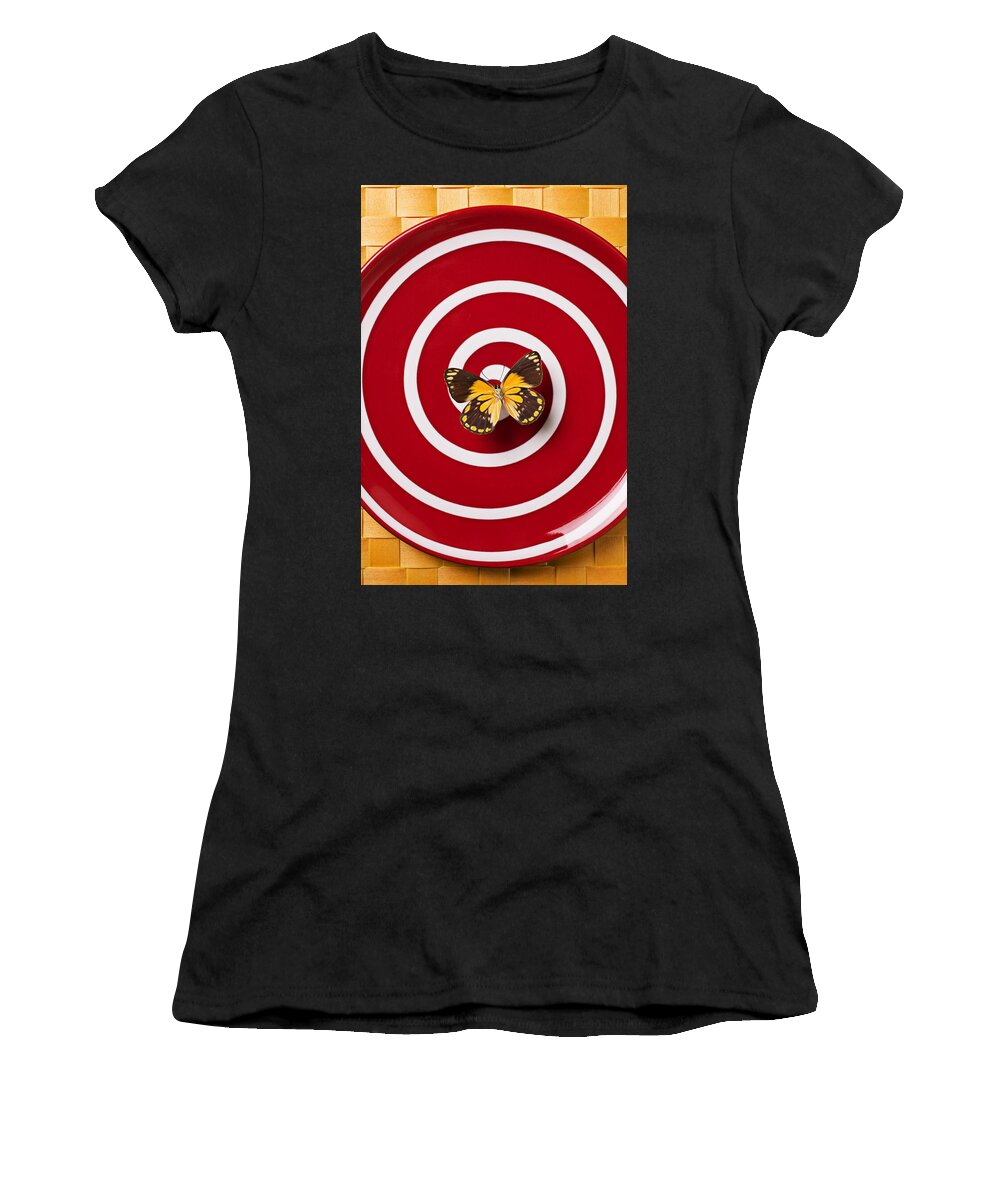  Butterfly Women's T-Shirt featuring the photograph Red plate and yellow black butterfly by Garry Gay