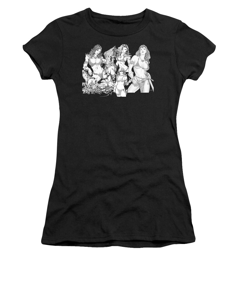 Red Women's T-Shirt featuring the drawing Red Sonja Collage by Bill Richards