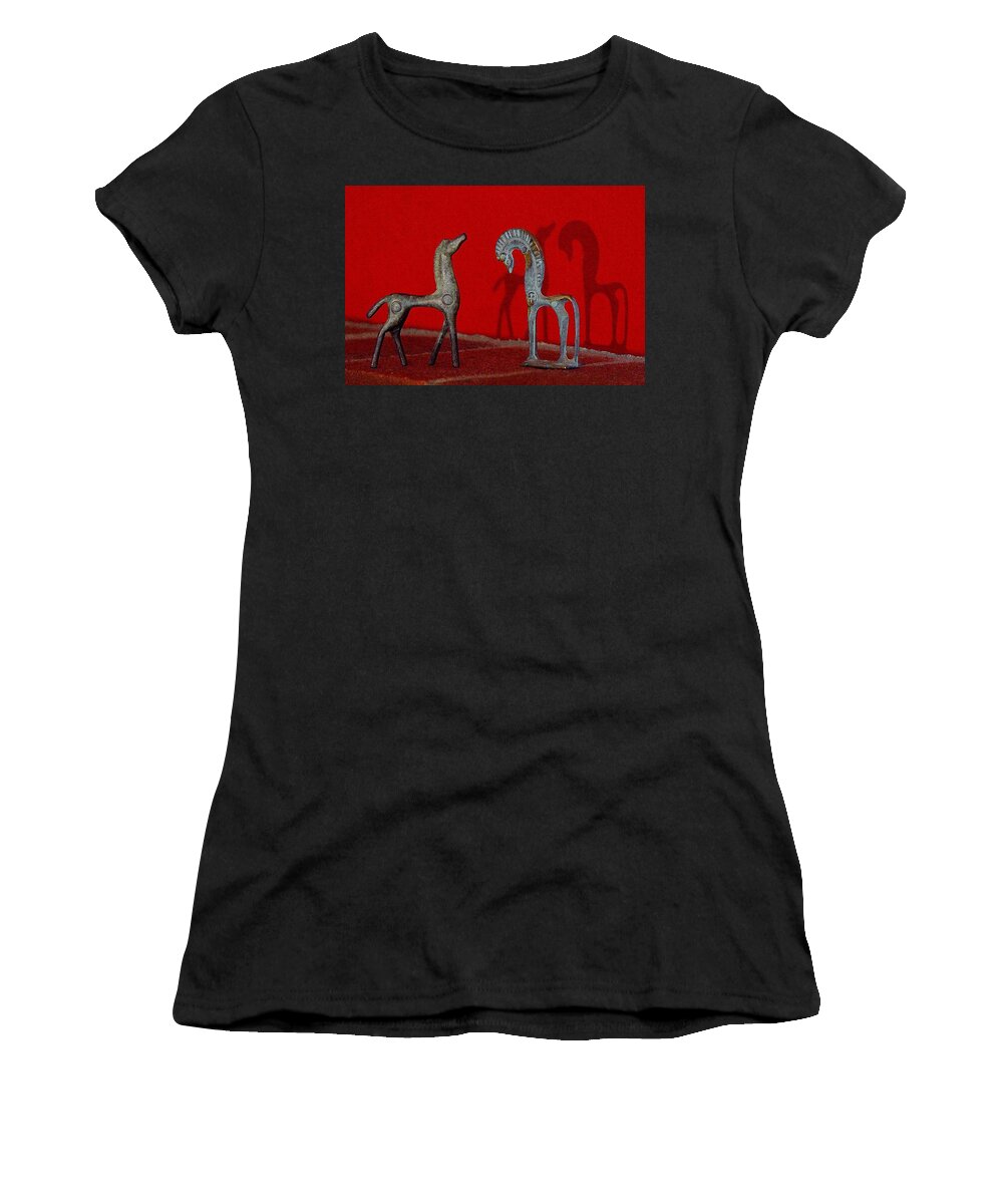 Red Wall Women's T-Shirt featuring the digital art Red Wall Horse Statues by Jana Russon