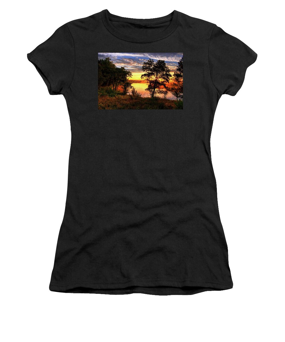 Backwater Women's T-Shirt featuring the photograph Rhinelander Flowage Sunburst by Dale Kauzlaric