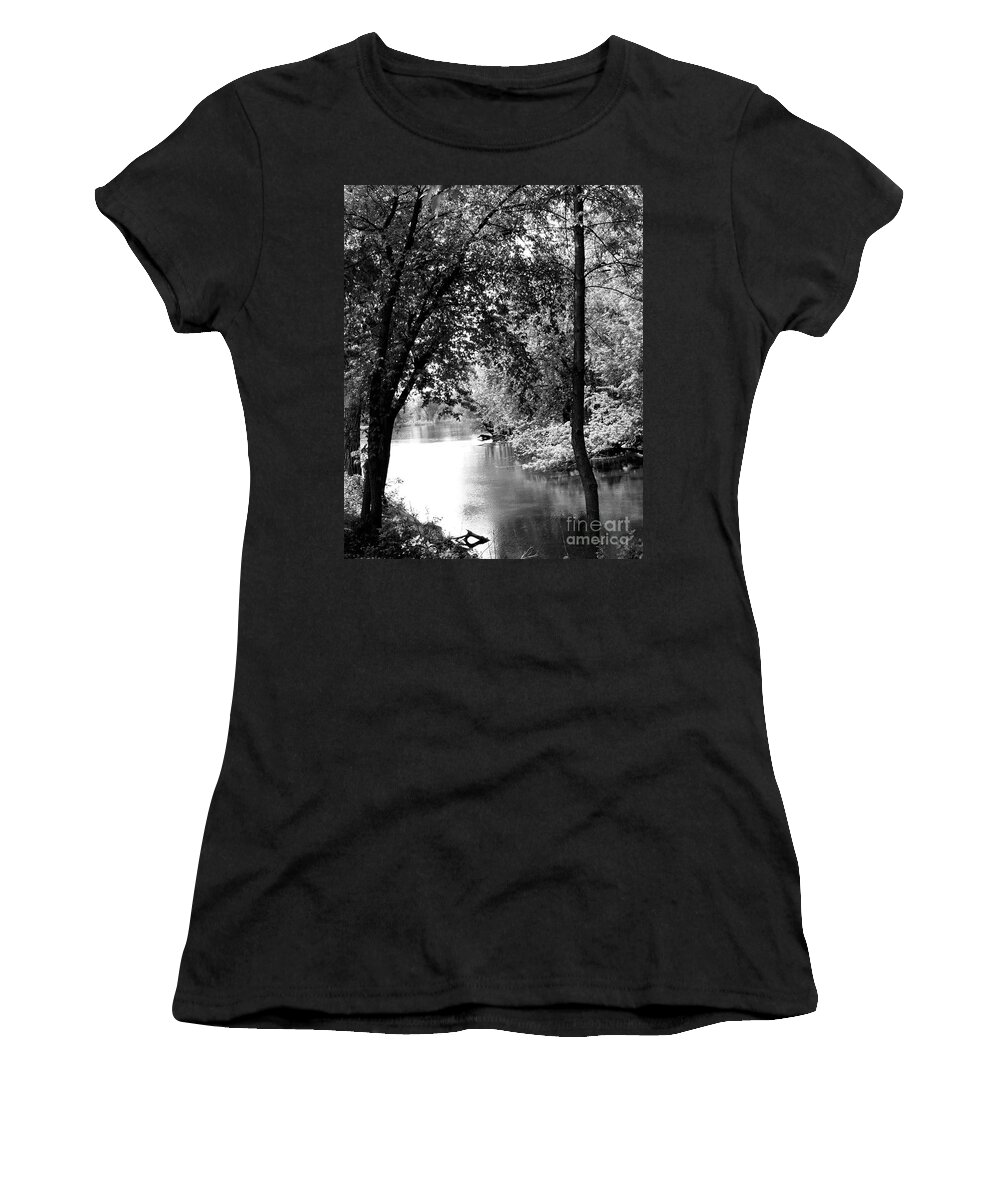 Black & White Women's T-Shirt featuring the photograph River Passage through trees by Paula Joy Welter