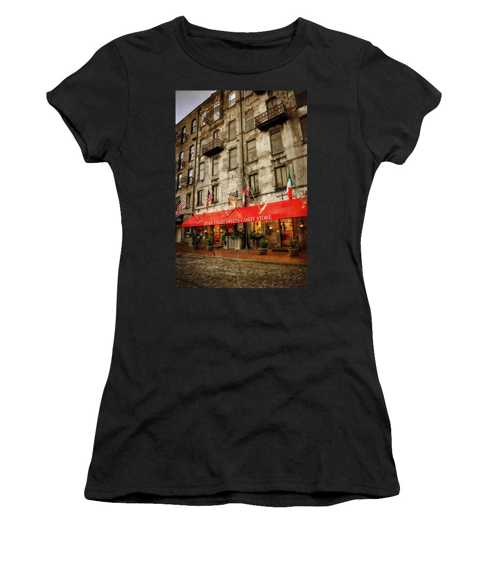 River Street Sweets Candy Store Women's T-Shirt featuring the photograph River Street Sweets by Greg and Chrystal Mimbs