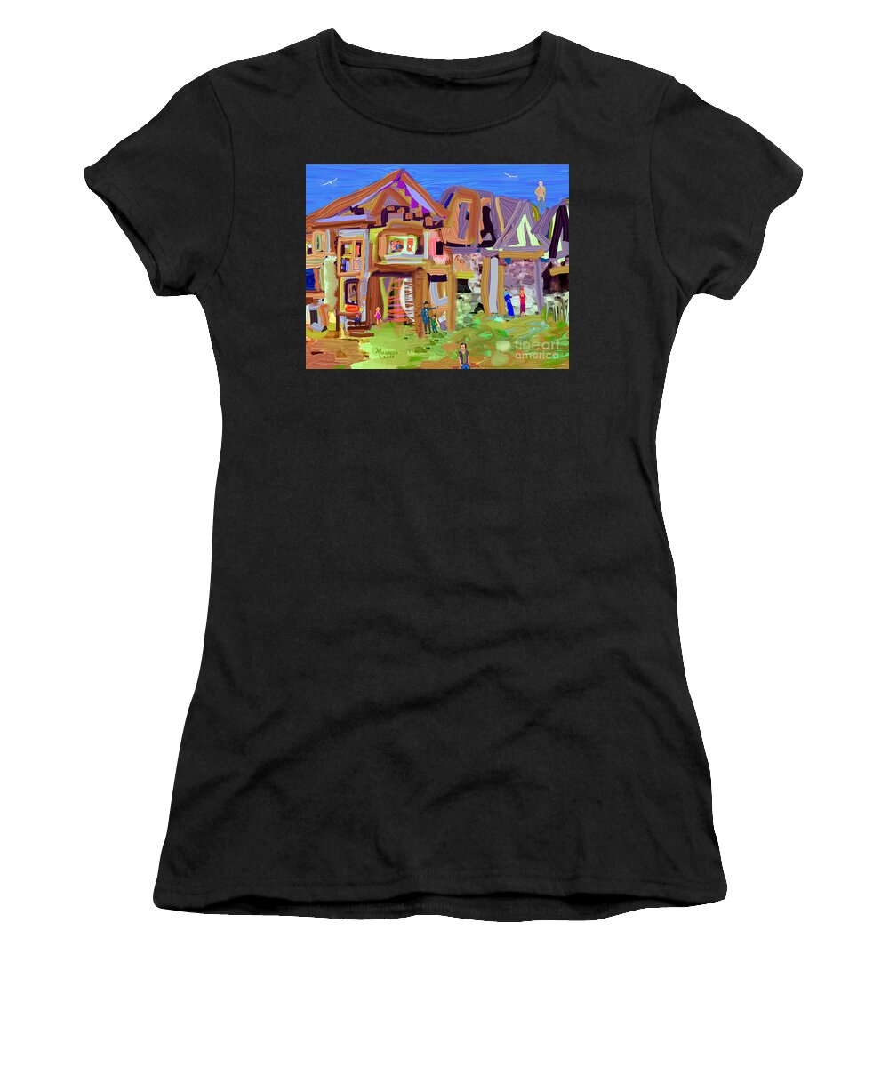 River Women's T-Shirt featuring the mixed media River Village Morning by Michael A Klein