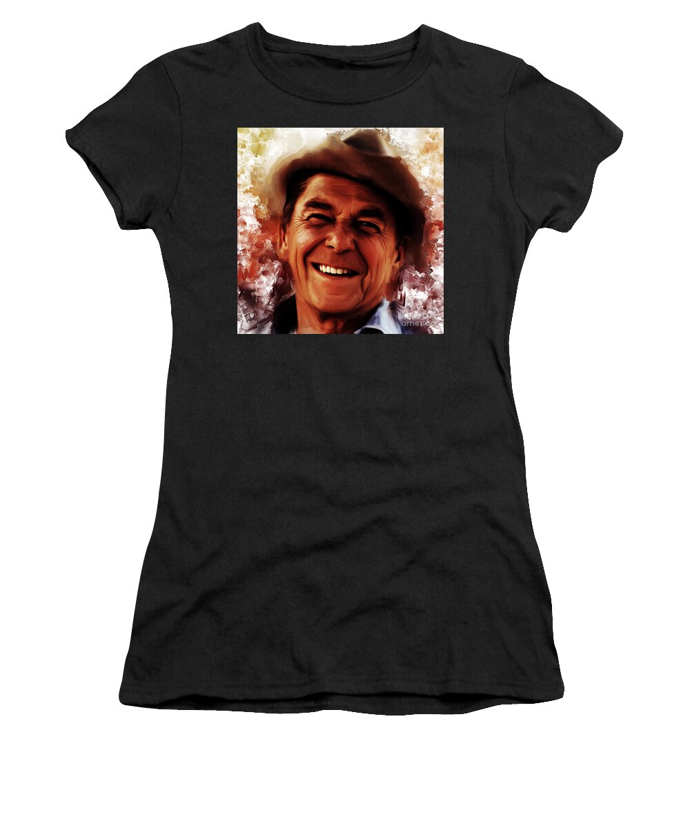 Canvas Print Women's T-Shirt featuring the painting Ronald Reagan by Gull G
