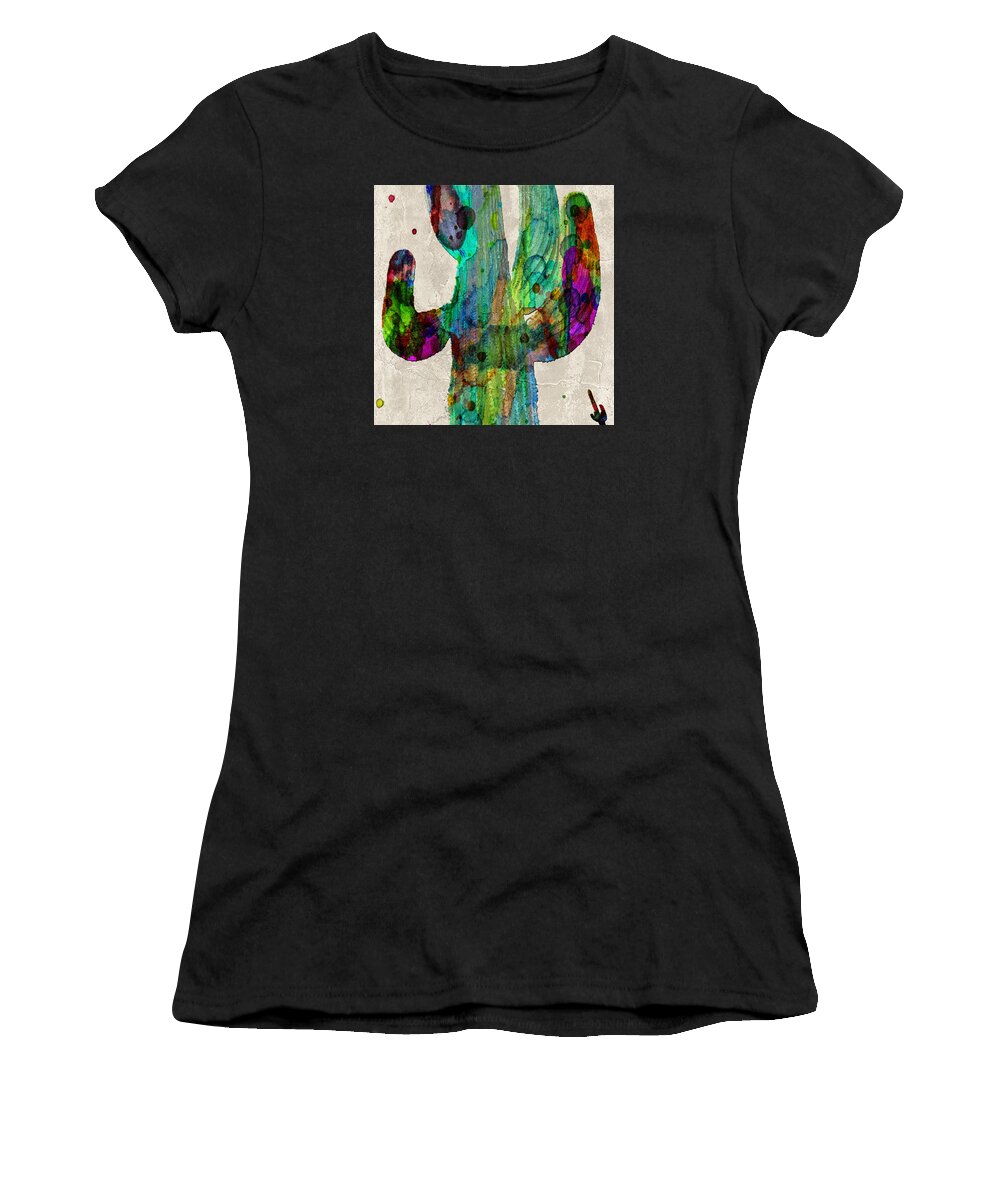Saguaro Women's T-Shirt featuring the painting Saguaro Cactus Rainbow Print Poster by Robert R Splashy Art Abstract Paintings
