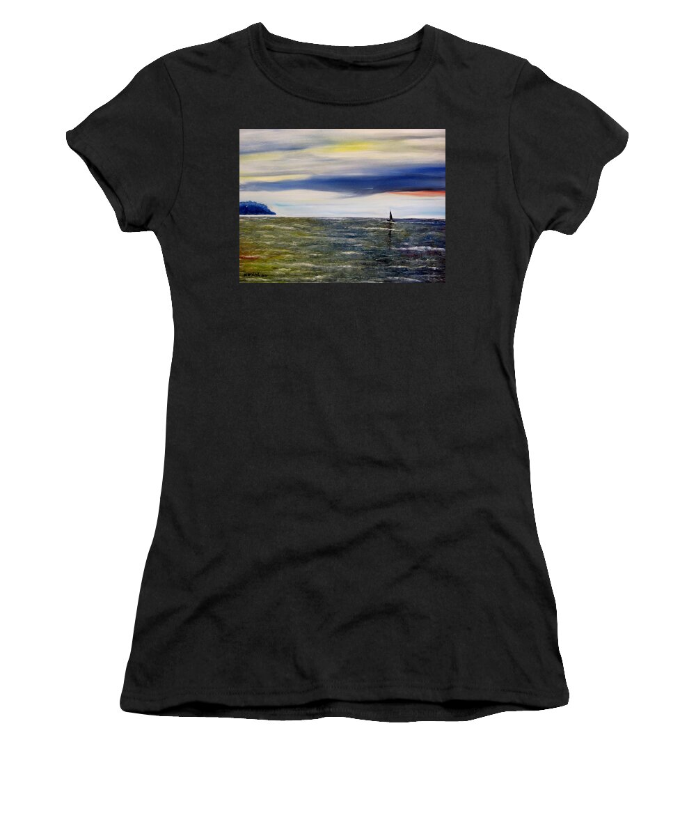 Sailboat Women's T-Shirt featuring the painting Sailing at dusk by Marilyn McNish
