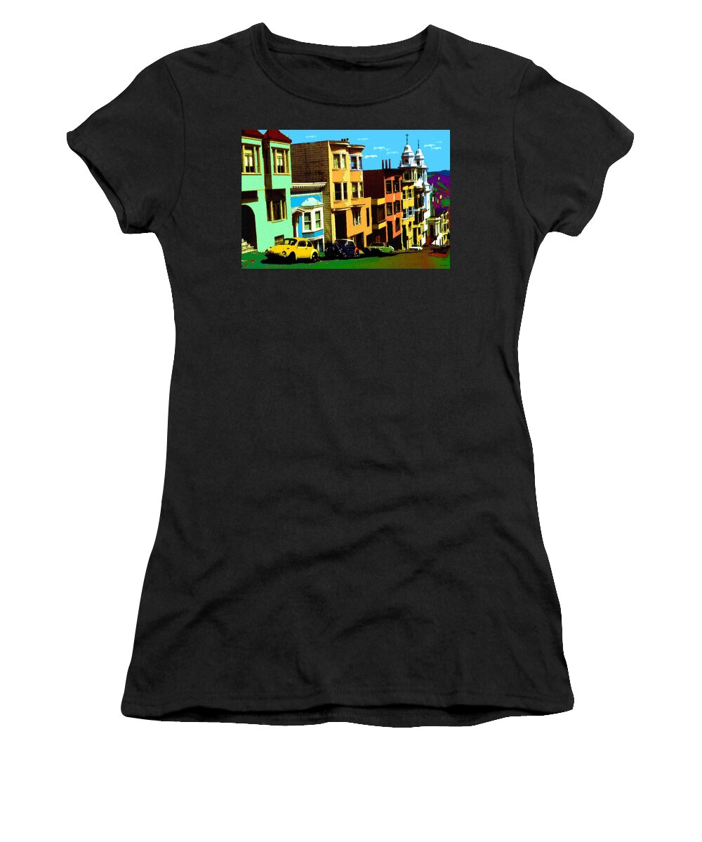 San+francisco Women's T-Shirt featuring the painting San Francisco Street in Pop Art Colors by Peter Potter